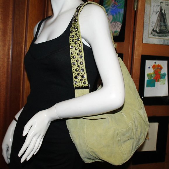 Never Carried Deux Lux Genuine Suede Leather Crystal Rhinestone Strap Hobo Bag - Picture 4 of 12